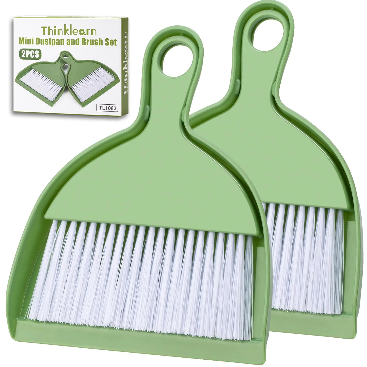 THINKLEARN 2PCS Small Broom and Dustpan Set Mini Dust Pan and Brush Set Hand Broom Whisk Broom for Pets Kids Desk Home Camping Green Cleaning Supplies