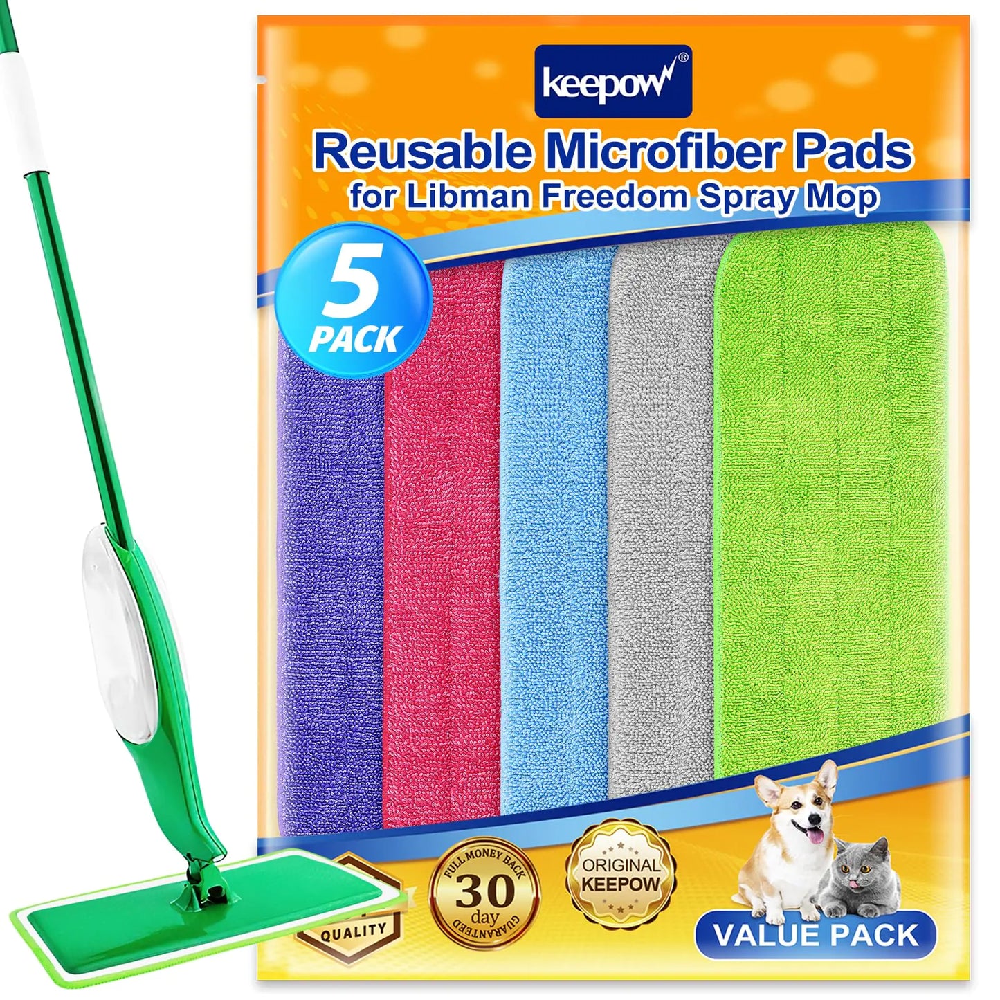 KEEPOW 5 Pack Spray Mop Refills Compatible for Libman Freedom Spray Mop Reusable & Washable 16in Microfiber Floor Cleaning Mop Pads for Spray Mop
