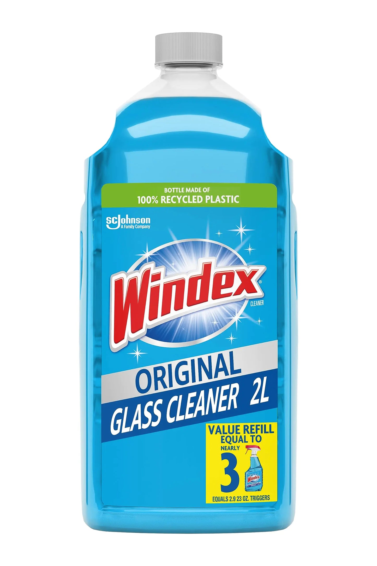 Windex Refill Glass and Window Cleaner Bottle Bottle Made from 100% Recycled Plastic Surface Cleaning Spray Original Blue Scent 2L (67.6 Fl Oz)