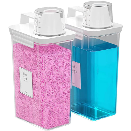 Hordely 77.8 OZ Laundry Detergent Dispenser 2 Pack Liquid Laundry Detergent Powder Container Plastic Fabric Softener Dispenser for Laundry Room with Labels Clear