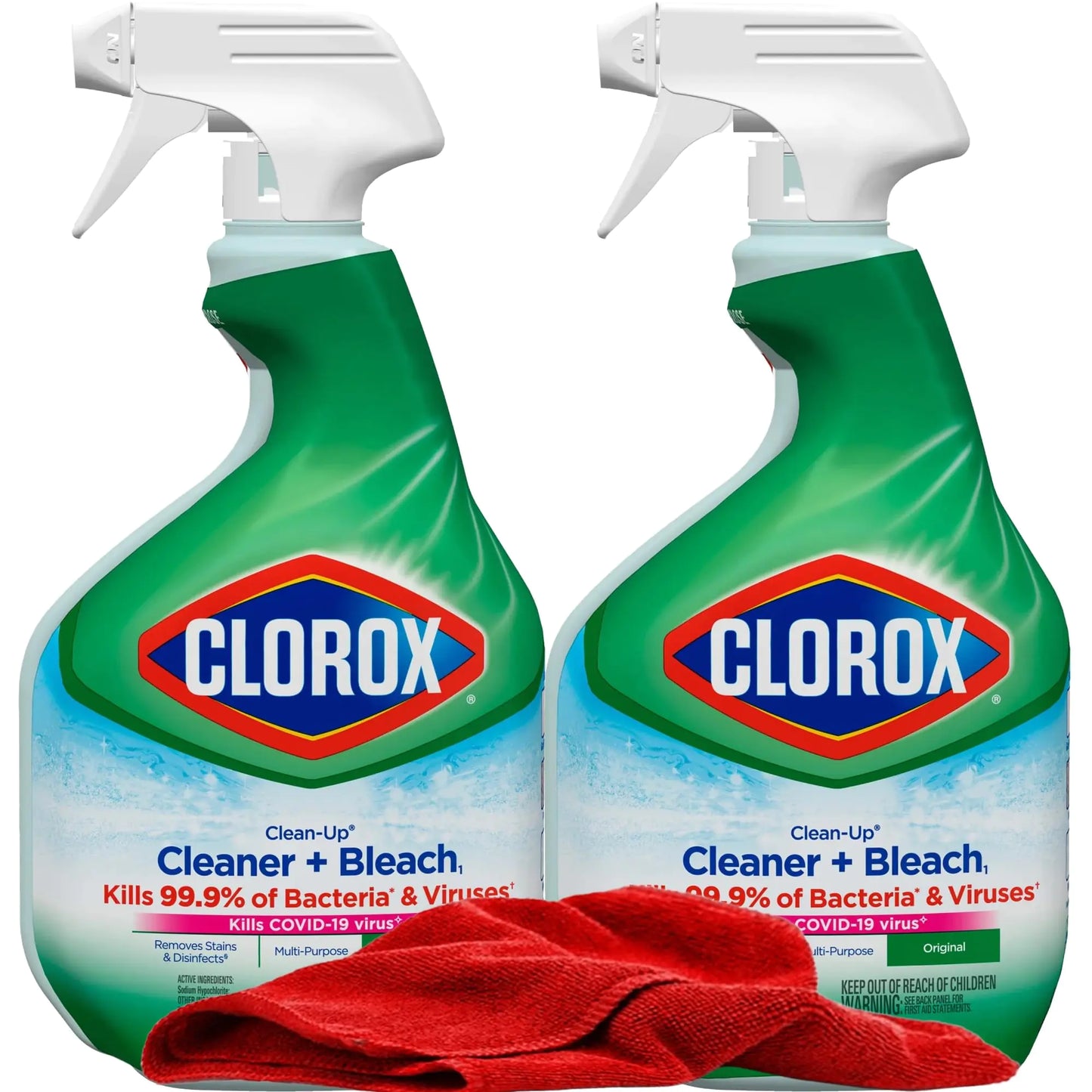 Clorox Clean-Up Cleaner Bleach Spray 2 Pack All Purpose Bleach Spray Trigger Disinfects KitchenBathroomTilesOriginal Scent Mold & Mildew Cleaner 32 oz. Each plus red Microfiber Cleaning Cloth