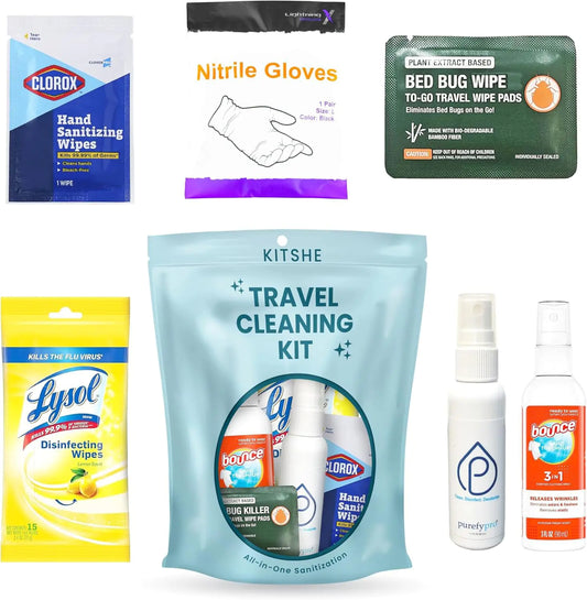 Travel Cleaning Kit - Travel Size Cleaning Supplies For Hotels Bathrooms with Gloves Surface Wipes Fabric Cleaner Air Cleaner Hand Wipes Bed Bug Wipes by KITSHE