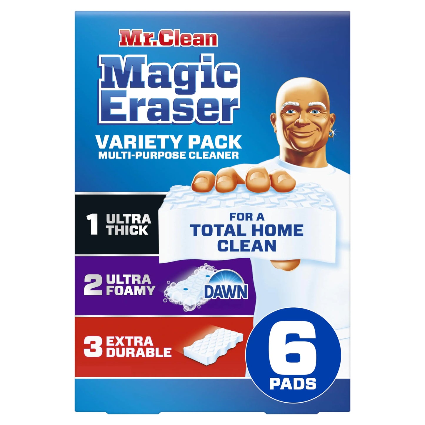 Mr. Clean Magic Eraser Sponge All Purpose Cleaner Cleaning Scrubber Kitchen Bathroom Shower Oven Cleaning Supplies Variety Pack with 1 Ultra Thick 2 Ultra Foamy & 3 Extra Durable 6ct