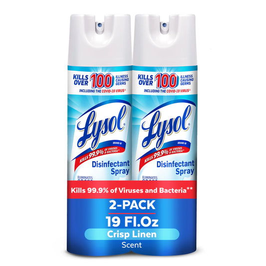 Lysol Disinfectant Spray Household Essential Cleaning Supplies Multi-Purpose Room Spray Antibacterial Sanitizer Spray Upholstery Deodorizer Home and Bathroom Crisp Linen19 Fl Oz (Pack of 2)