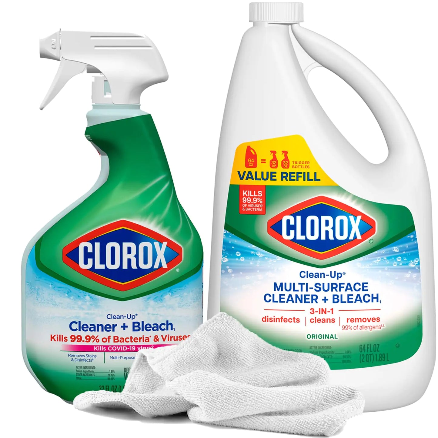 2 Disinfectant Cleaners with Bleach | 32oz Spray Bottle 64oz Refill Jug & Daley Mint Towel | Multi Purpose Bleach Cleaners for Bathroom Kitchen Janitorial Commercial (96oz Total)